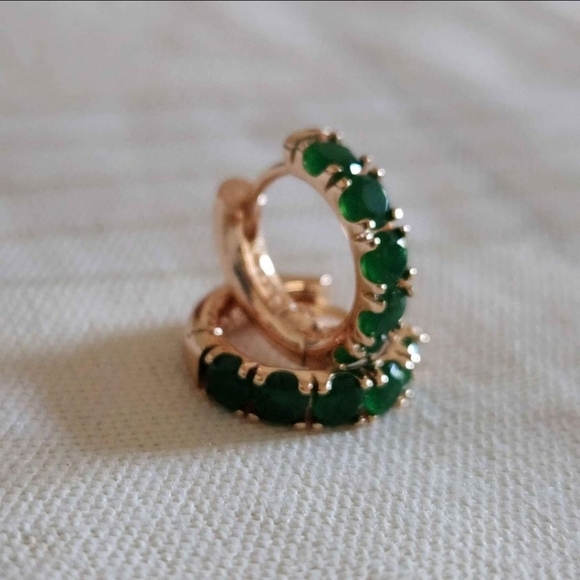 New 14K Gold Plated Emerald Huggie Hoop Earrings for Women - Picture 7 of 10